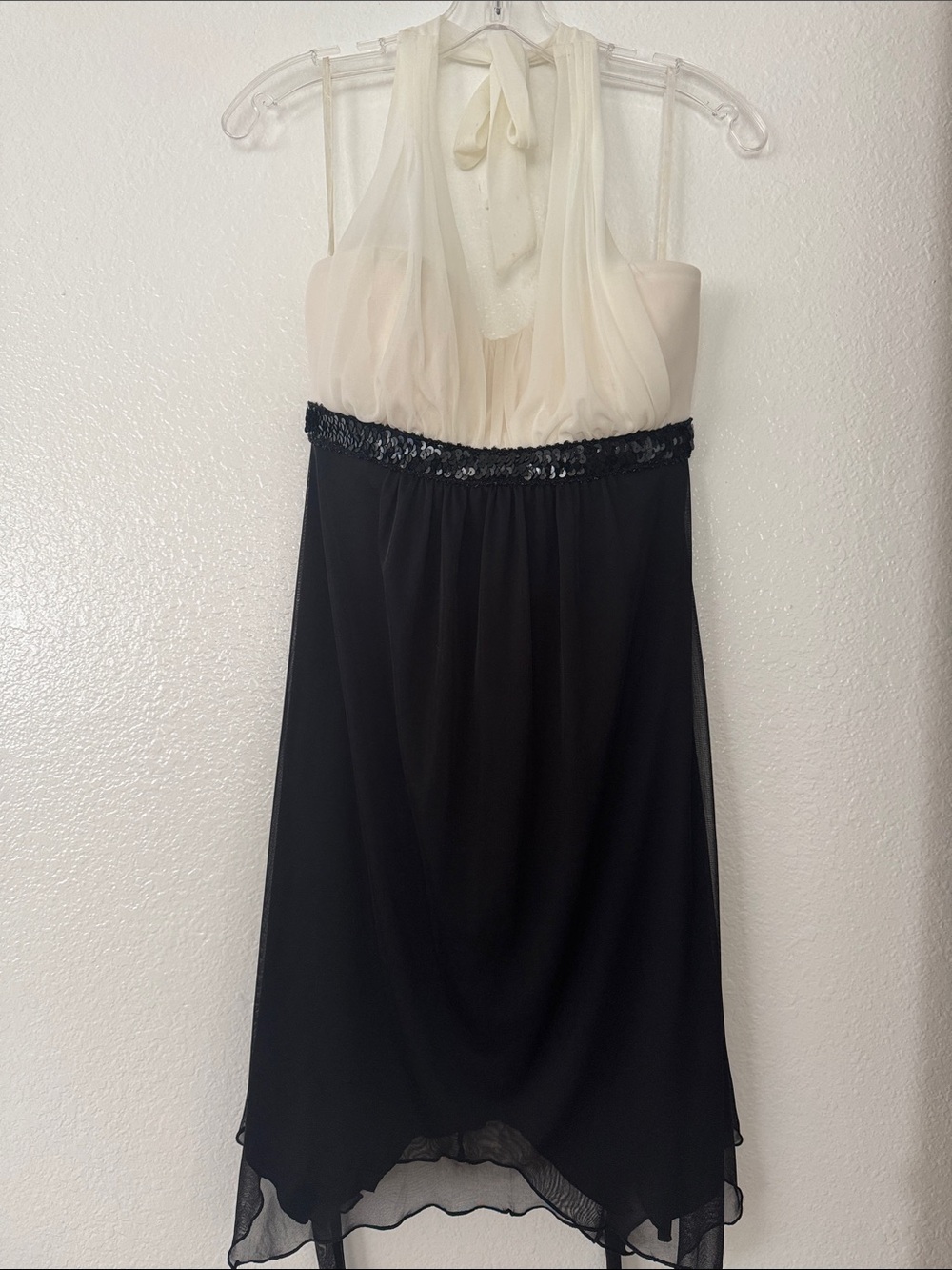 Sweet Storm halters Ivory and Black Chiffon Dress with Sequin Waist